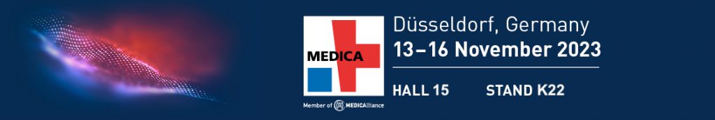 Banner der MEDICA 2023 mit Information zum Datum und zur Standnummer.